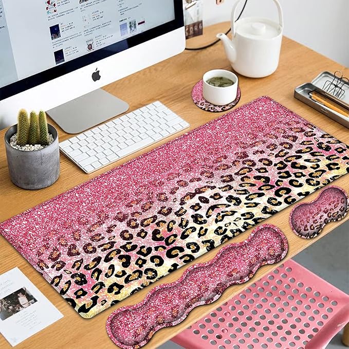 Large Mouse Pad Extended Gaming Mouse Pad 31.5x11.8 Ergonomic Memory Foam Keyboard Wrist Rest Support for Home Laptop Big Office Desk Pad with Non-Slip BasePink Faux Glitter Leopard Desk Mat