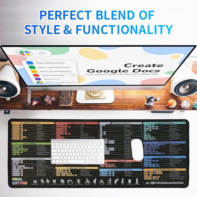 Final Cut Pro Shortcuts Mouse pad Extra Large Size Keyboard Shortcut Mat for PC Large Gaming Desk Mat Mousepad Stitched Edges Non-Slip Rubber Base Mouse Pads for Computers Laptop