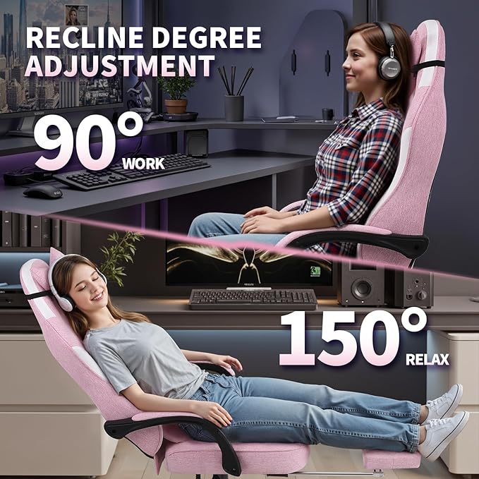 Gaming Chair Fabric Ergonomic Computer Chair with Footrest Video Gamer Chair with Pocket Spring CushionLinkage Armrests and Headrest Lumbar SupportSwivel Height Adjustable Office Chair for Adults