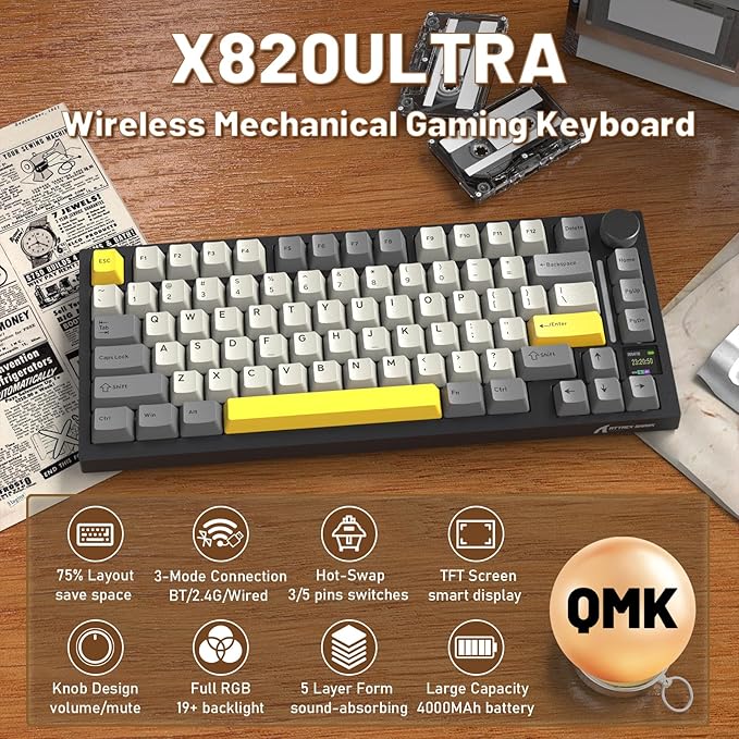 A.JAZZ Attack Shark X820Ultra 75% Wireless Mechanical Gaming Keyboard and Coiled Cable Hot Swappable 2.4GHz/Bluetooth/Wired Keyboard with Screen &amp Knob RGB Backlit Gasket Mount Gift Switch-Starbla
