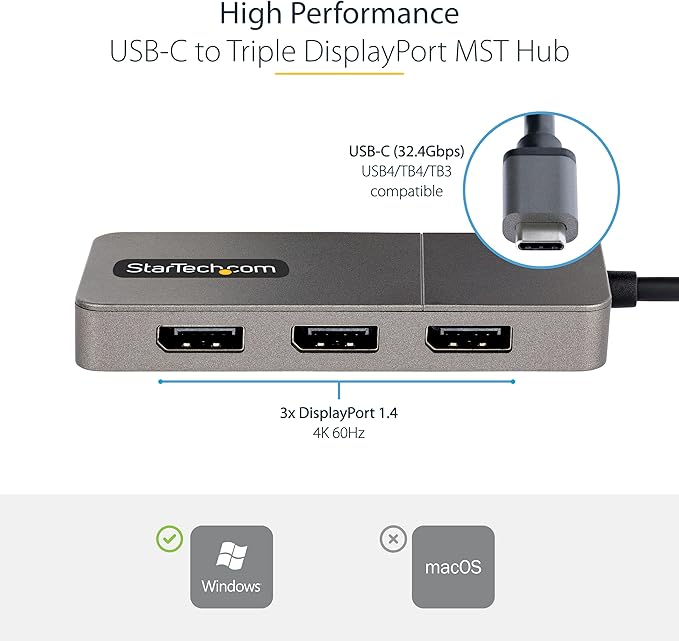 StarTech.com 3-Port USB-C Multi-Monitor Adapter USB Type-C to 3x DisplayPort 1.4 MST Hub Triple 4K 60Hz DP Laptop Display Extender / Splitter HDR Extra-Long Built-In Cable Windows (MST14CD123DP)