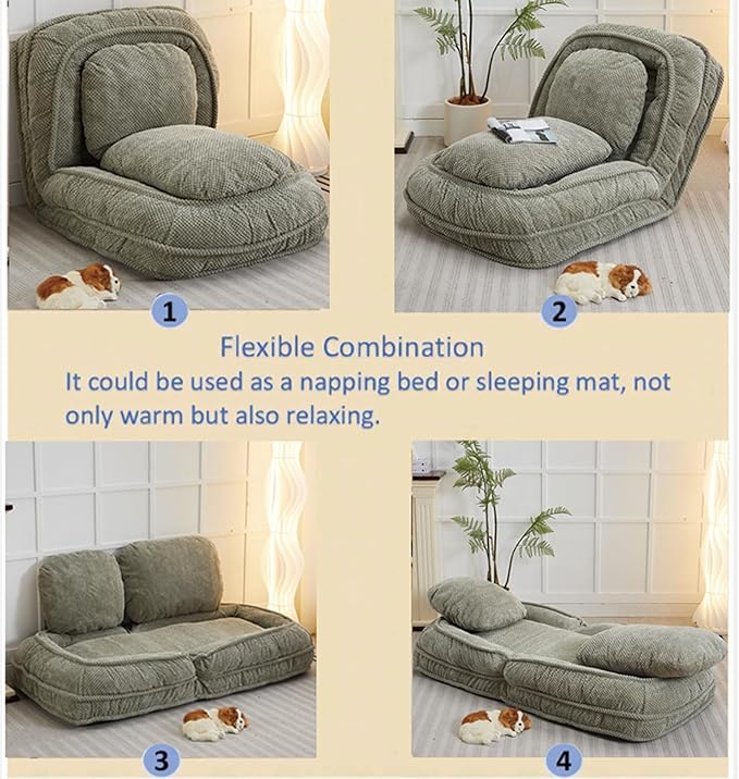 Floor Chair with Back Support Folding Sofa Chair with 5 Adjustable Position Plush Floor Gaming Chair Meditation Chair for Lazy Boys Human Dog Bed for Living Room Bedroom Lounge Green