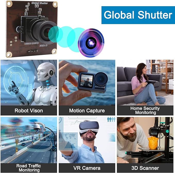 MMlove 1200P 90fps Global Shutter USB Camera Module High Speed Webcam 68° Viewing Angle 2MP lightburn Camera PC Webcam Board for VR Face Recognition StreamingPC/Laptop/Raspberry Pi