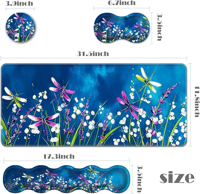 Ergonomic Keyboard Wrist Rest &amp Mouse Pad Wrist Rest SetXL Gaming Desk Mat 31.5x 11.8Non-Slip BaseMemory FoamEasy Typing Pain Relief for Office &amp HomeDragonflies Over Flower Field