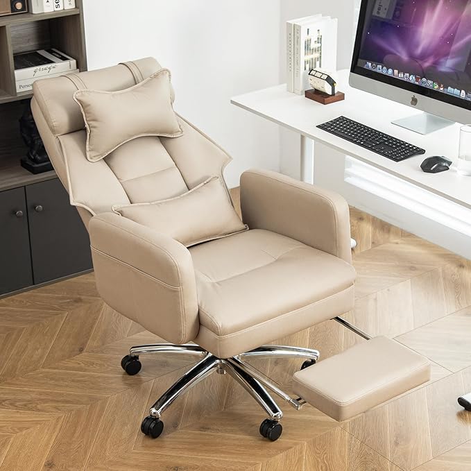 Video Game Desk ChairSwivel Ergonomic Office Chairwith Footrest and Comfy Lumbar SupportPU Leather Recliner with HeadrestFixed Up ArmrestHeight Adjustable with 360°Swivelfor Adults (Beige)