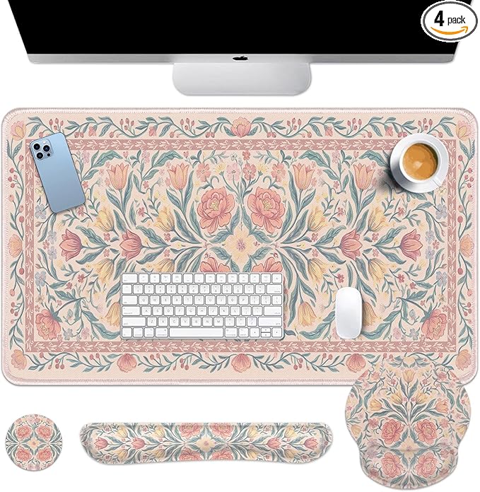 Britimes Pink Floral Keyboard Mouse Pad Set Retro 4in1 Large Mousepad+Keyboard Wrist Rest+Mouse Wrist Rest+Coaster Ergonomic Design for Home Office Computer 35.4x15.7 inches
