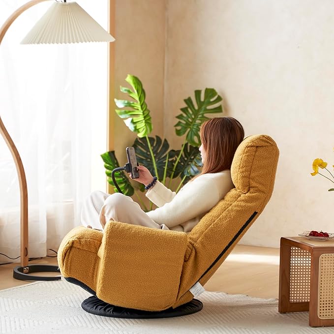 Yellow Teddy Swivel Floor Gaming Chair - Ergonomic 5-Level Adjustable Backrest Gamer Chair with Armrest &amp Phone Holder Lounge Gaming Chairs with Side Pockets for Kids &amp Adults