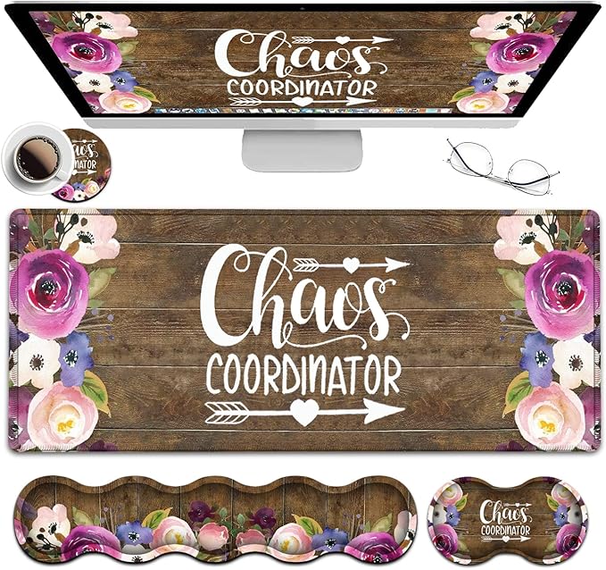 Mouse Pad SetLarge Gaming Mouse Pad + Keyboard Wrist Rest Support + Mouse Wrist Rest31.5 x 11.8 in Extended Desk Mat for OfficeChaos Coordinator Quotes Vintage Watercolor Flora Desktop Decoration