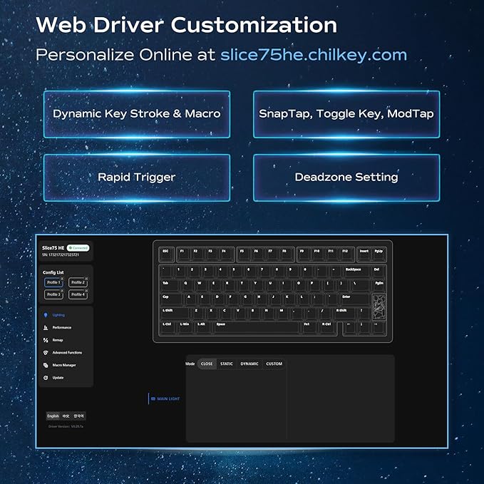 Mechanical Keyboard Chilkey Slice75 HE Gaming Keyboard Wired 75% Hall Effect Magnetic Aluminum Keyboard with WS Flux HE Clacky Switch Rapid Trigger 8K Polling Per-Key RGB Custom PC/Mac Support