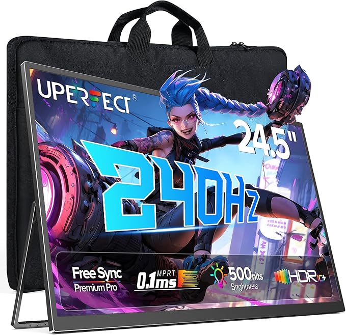 UPERFECT 24.5 Portable Monitor 240Hz Gaming Monitor 2000:1 Contrast FreeSync 0.1ms Fast IPS Large Screen Built-in 180° Adjustable Stand/VESA USB-C HDMI Second Screen for Laptop Phone Game Console