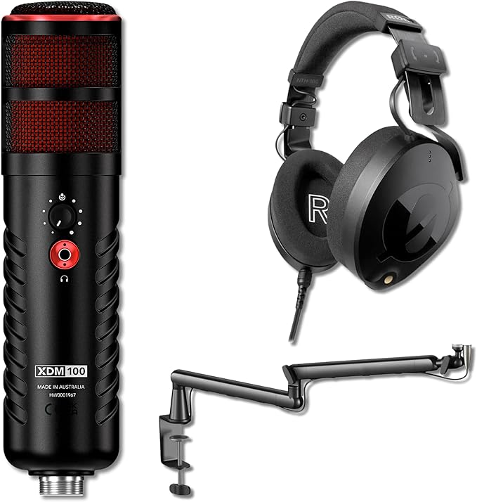 Rode XDM-100 USB Dynamic Microphone with NTH-100 Professional Over-Ear Headphones and StreamEye Lowpro Microphone Boom Arm