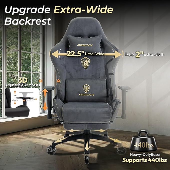 Dowinx Big and Tall Gaming Chair with Suede Fabric Breathable Game Chairs for Adults with Oversized Thick Seat for 440lbs Ergonomic Gamer Chair for Streaming &amp Long Gaming Sessions Grey
