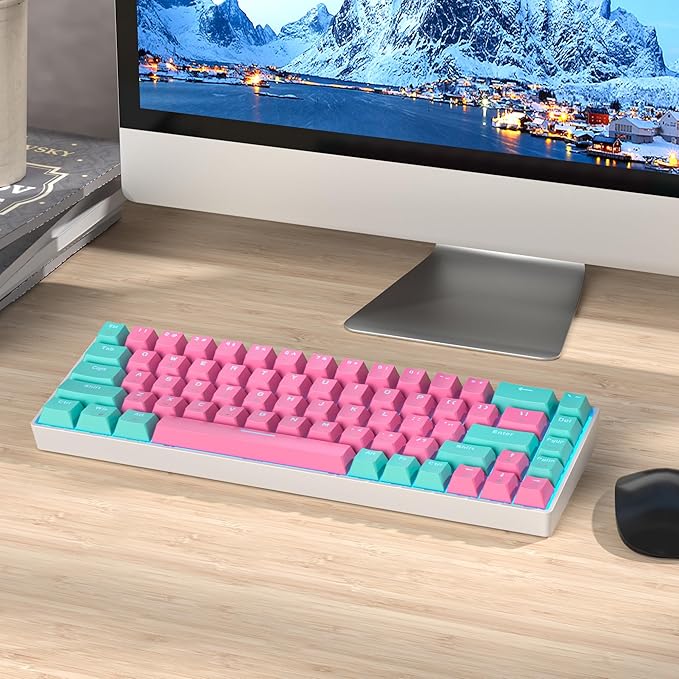 65 Percent Gaming Keyboard Mechanical with Linear Red Switch 65% Wired Ultra-Compact Mini Pink Keyboard LED with PBT Keycaps for Ps4/Ps5/Xbox(68 Miami)