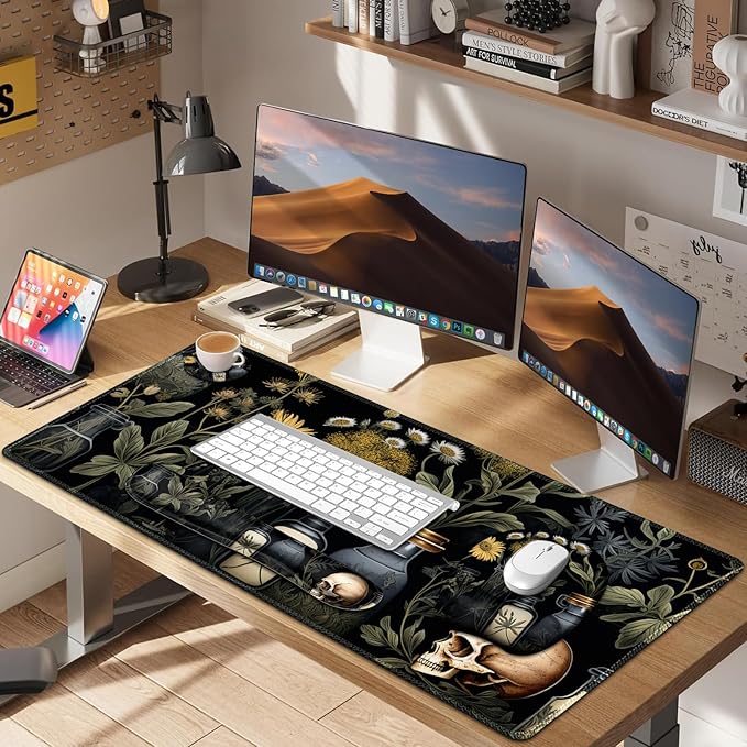 Large Mouse Pad with Wrist Support 4 in1 Set XXL Big Game Mousepad + Keyboard Wrist Rest+Mouse Wrist Rest+Coaster Gaming Mat for Home Office Computer I Black Academia Mystical Green Plant