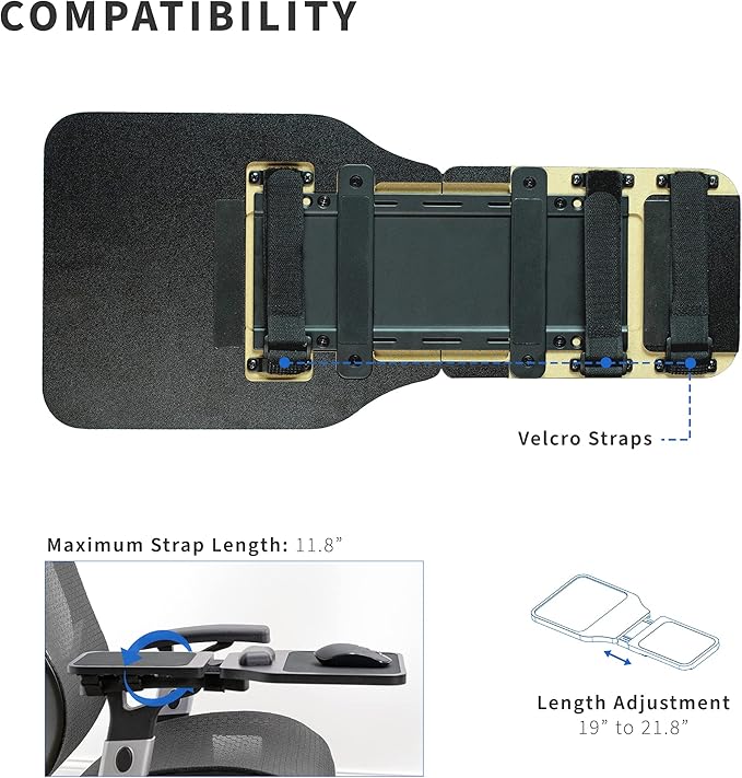 VIVO Wood Arm Rest Mouse Pad with Wrist Cushion Adjustable Length Support Platform Tray Chair Attachment Extension with Straps Black MOUNT-MS02D