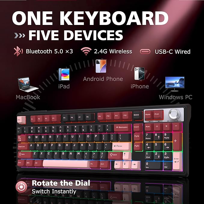 98% Wireless/Wired Membrane Keyboard for Gaming/Officewith knob4000mAh BatteryBT5.0/2.4G/USB-CRGB Backlit PBT KeycapsCompatible with PC/MacBonus Keycaps 2 Sets(8 Each)Computer Keyboard