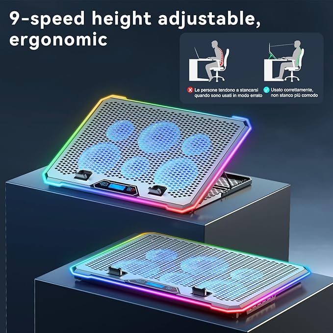 Aluminum Alloy RGB Gaming Laptop Cooler with 6 Fans and LCD Screen - 10 RGB Modes Memory Function 4 USB Ports 3.0 and 2.0 Hub 9 Height Adjustable for 10 to 21 Inch Laptops on Desk or Lap