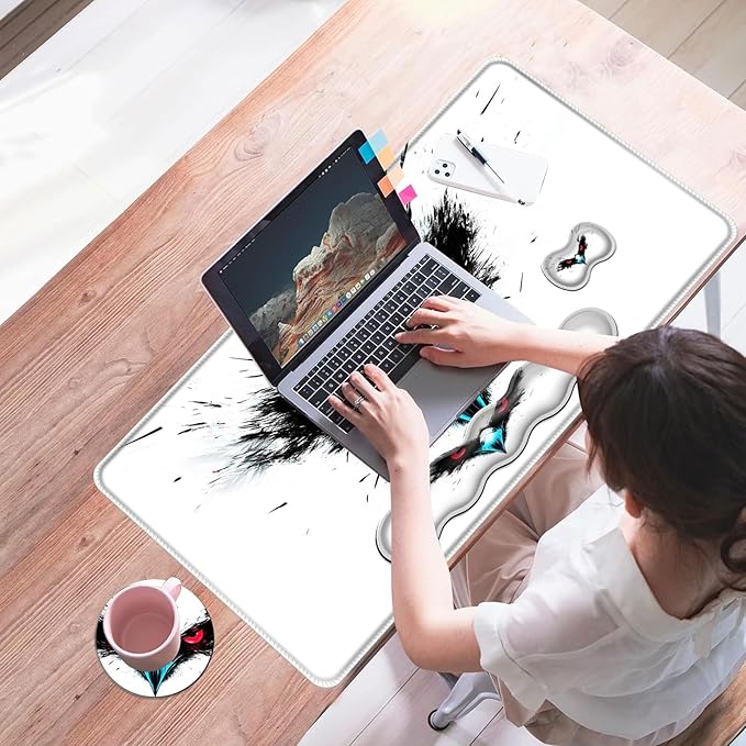 Mouse PadLarge Desk Mat Set 4in1 XL Mousepad + Keyboard Wrist Rest+Mouse Wrist Rest+Coaster with Ergonomic Desk Pad for Home Office Table Computer Cover -Eagle with Red Eyes