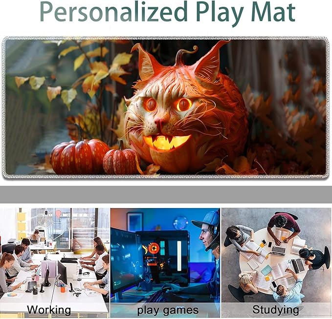 Large Gaming Mouse Pad + Keyboard Wrist Rest + Wrist Support + Coaster Set Memory Foam Ergonomic for Easy Typing XXL Extended Gaming Mouse Pad Table Pad - Pumpkin Cat