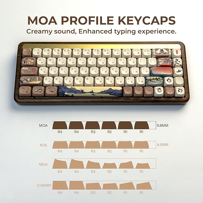 OHY XVX MOA Profile Japanese Fuji Mountain Theme PBT Keycaps Set 140-Key Coffee &amp Cream Custom Keycaps for US Layout Mechanical Keyboards (Brown/Beige Design with Key Puller)