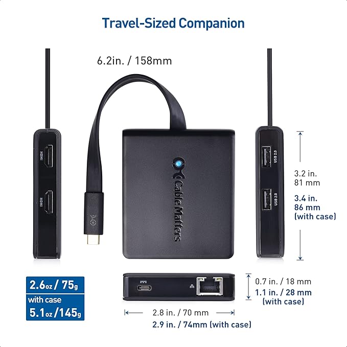 Cable Matters Dual Monitor USB C Hub (USBC Dock) with Dual 4K HDMI 2X USB 2.0 Ethernet and 100W Charging - Thunderbolt 4 / USB4 / Thunderbolt 3 Port Compatible with Windows