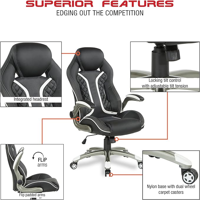OSP Home Furnishings Xplorer 51 Ergonomic Adjustable High Back Gaming Chair with Lumbar Support and Padded Flip Arms Black Faux Leather with White Trim