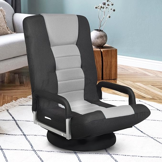 ERGOMASTER 360 Degree Swivel Video Gaming Floor Chair w/Armrests Adjustable 6-Position Folding Floor Chair Padded Backrest for Game Reading (Grey/Black)