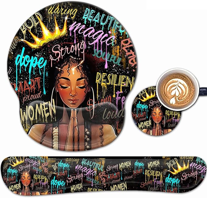 Ergonomic Gaming Mouse Pad Wrist Support and Memory Foam Keyboard Wrist Rest with Anti-Slip Base for Home Office Computer Desk Pad Gel Black Mouse Pad African American Black Women Graffiti Girl