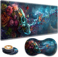 Large Gaming Mouse Pad + Wrist Rest + Lace Coaster Non-Slip Set with Sewn Edges and Waterproof Expandable Desktop Pad Suitable for Office/Home Butterfly and Skull Flowers