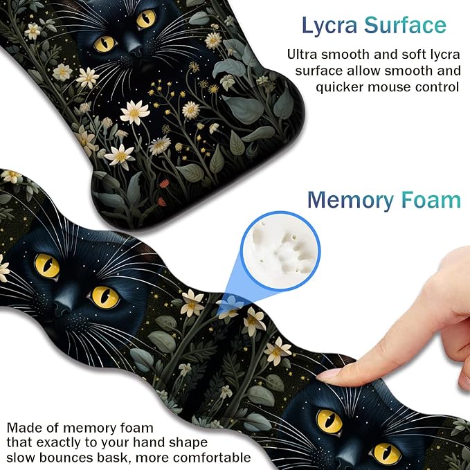 Ergonomic Keyboard Wrist Support Pad and Wrist Support Mouse Pad Anti-Slip with Gel Memory Mouse Pad Set Suitable for Office Use/Home Use - Cat Moon