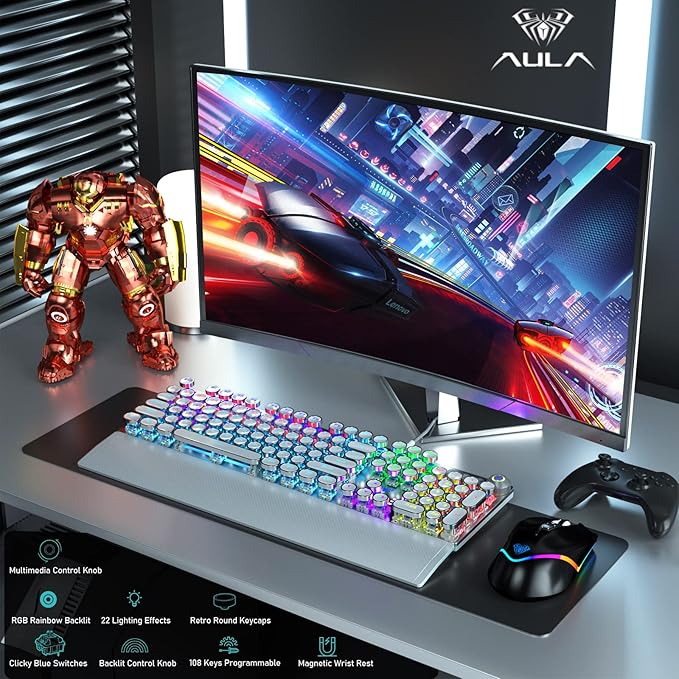 AULA F2088 Typewriter Style Mechanical Gaming KeyboardRainbow LED BacklitRemovable Wrist RestMedia Control KnobRetro Punk Round KeycapsUSB Wired Computer KeyboardWhite (Renewed)