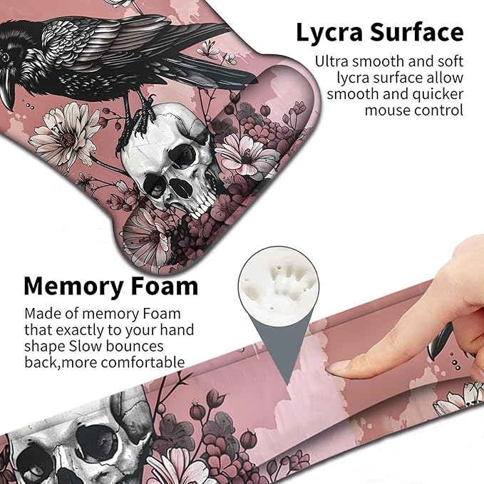Keyboard Wrist Support + Wrist Mousepad + Coaster Combination Non-Slip PU Base with Gel Memory Mousepad Suitable for Gaming Office Pain Relief Mousepad Set - Crow Skull