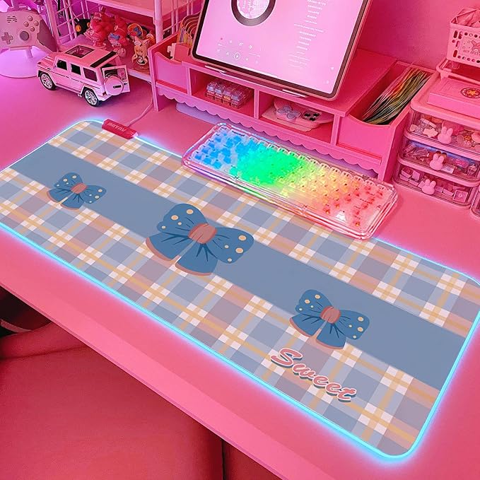 JMIYAV Pink Bow RGB Gaming Mouse Pad 31.5x12In PC XL Large Extended Glowing Led Light Up Desk Pad Non-Slip Rubber Base Computer Cute Mousepad Mat Desk Accessories Gaming Setup 49-9894