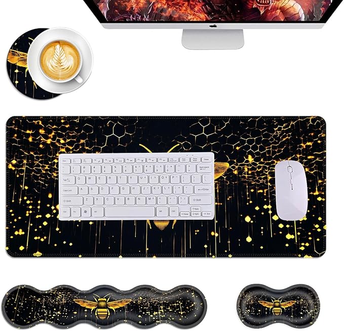 Mouse PadLarge Desk Mat Set 4in1 XL Mousepad + Keyboard Wrist Rest+Mouse Wrist Rest+Coaster with Ergonomic Desk Pad for Home Office Table Computer Cover -Glowing Bee and Honeycomb