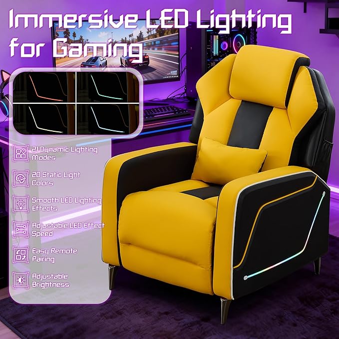 Gaming Recliner Chair with LED Lights Racing Style PU Leather Gaming Recliner for Adults Ergonomic Push-Back Recliner with Lumbar Pillow Home Theater Seating with Side Pockets Yellow