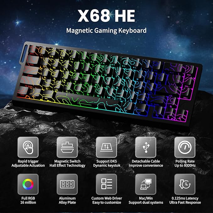 ATTACK SHARK X68 HE 8000Hz Rapid Trigger Keyboard 0.01mm RT Accuracy Wired Gaming Keyboard with Magnetic Switch Adjustable Actuation Rapid Trigger Snap Tap RGB Lighting for PC/Mac Black Contours