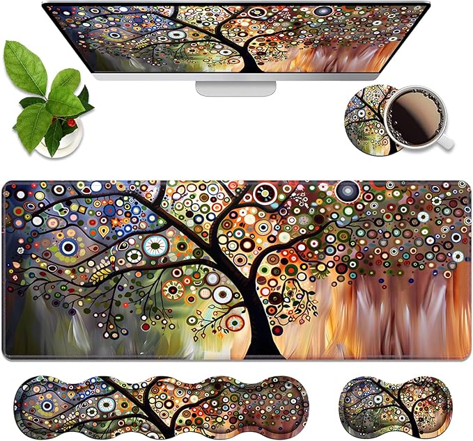 4 in 1 Ergonomic Memory Foam Mouse Pad Wrist Rest Set Large XXL Gaming Desk Pad + Keyboard Wrist Rest + Mouse Wrist Cushion + Coaster for Home Office Study Gaming Tree of Life