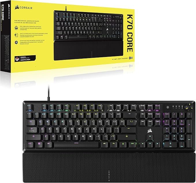 CORSAIR K70 CORE RGB Mechanical Wired Gaming Keyboard with Palmrest – Pre-Lubed MLX Red Linear Switches SOCD ABS Double-Shot Keycaps Sound Dampening Media Control Dial QWERTY NA – Black