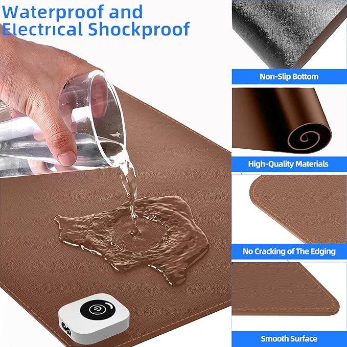 Heated Desk Pad Mouse Pad - Heated Desk Mat - Warm Desk Pad - 3 Levels Heating &amp 4 Hours Auto Shut-Off PU Leather Mouse Pad - 31.5 x 13 inch (Brown)