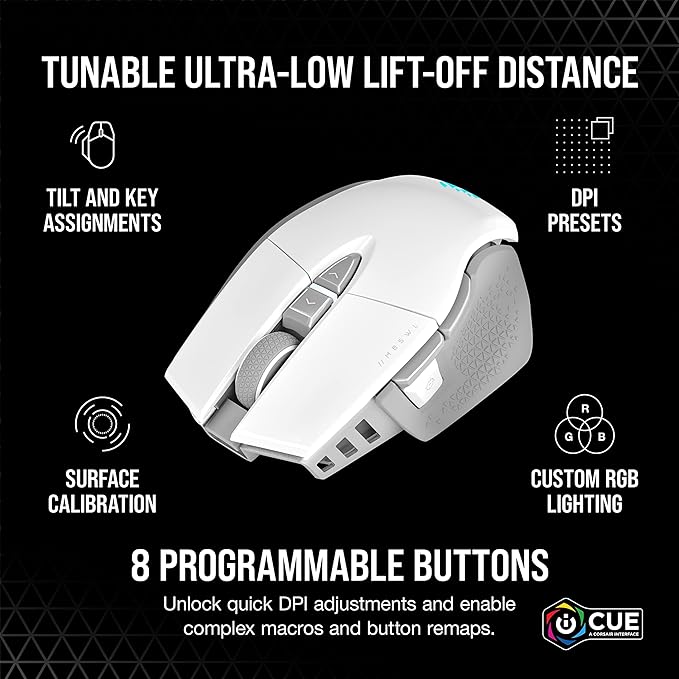 Corsair M65 RGB Ultra Wireless Tunable FPS Wireless Gaming Mouse - Sub-1ms Slipstream Wireless Technology 26000 DPI Optical Sensor Up to 120 Hours of Battery Life 8 Programmable Buttons - White