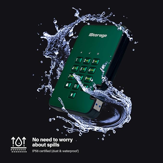 iStorage diskAshur2 HDD 1TB Green | Secure portable hard drive | Password protected | Dust &amp water resistant | Hardware Encryption