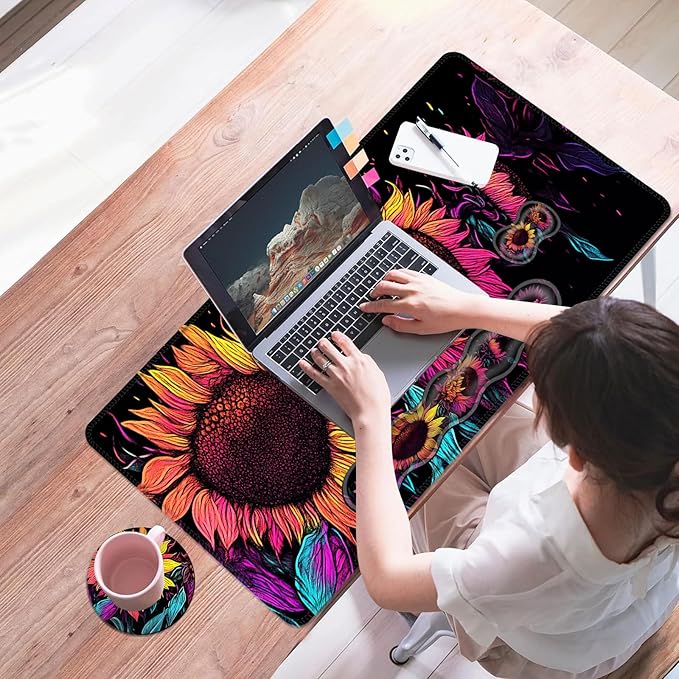 Mouse PadLarge Desk Mat Set 4in1 XL Mousepad + Keyboard Wrist Rest+Mouse Wrist Rest+Coaster with Ergonomic Desk Pad for Home Office Table Computer Cover -Neon Colorful Sunflowers