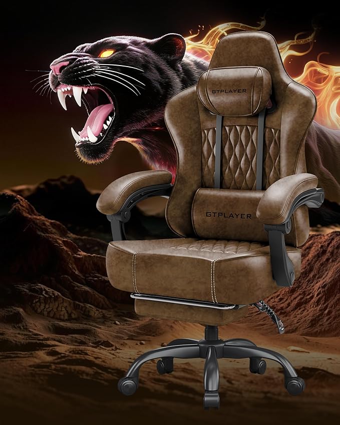 GTPLAYER Big and Tall Gaming Chair with Footrest Ergonomic Office Desk Chair with 4.4in Thick Cushion and Wide Wingless Seat Comfortable Leather Computer Chair Predator Series Rustic Brown