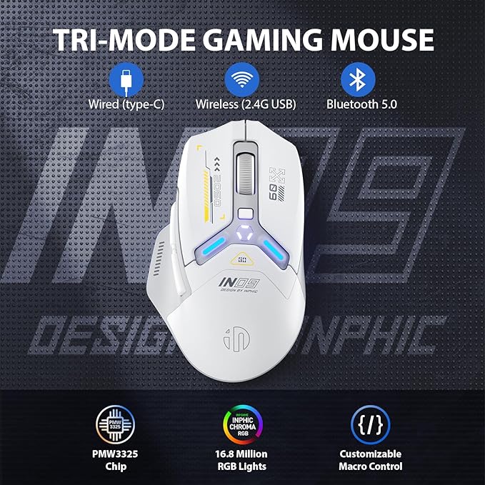 INPHIC IN9 Wireless Gaming Mouse True Tri-Mode Bluetooth/Type-C Wired/2.4G Wireless Connection 10000 DPl Fully Programmable RGB Backlit for Laptop PC Mac