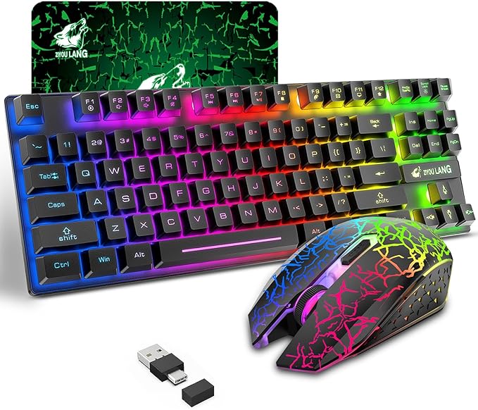 Wireless Gaming Keyboard and Mouse Combo with 87 Key Tenkeyless Rainbow LED Backlight Rechargeable 3800mAh Battery Anti-ghosting Ergonomic Waterproof RGB Mute Mice for Computer PC Gamer (Black)