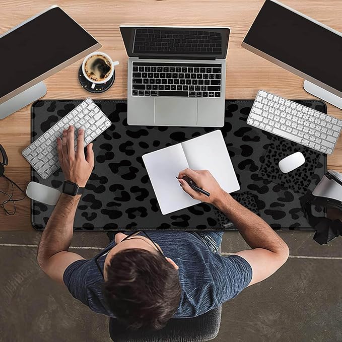 Mouse Pad Desk Mat Ergonomic Wrist Support Pad SetMouse Wrist Rest Keyboard Pad with Stitched Edges and Non Slip Base-Black Leopard Panther Cheetah Print