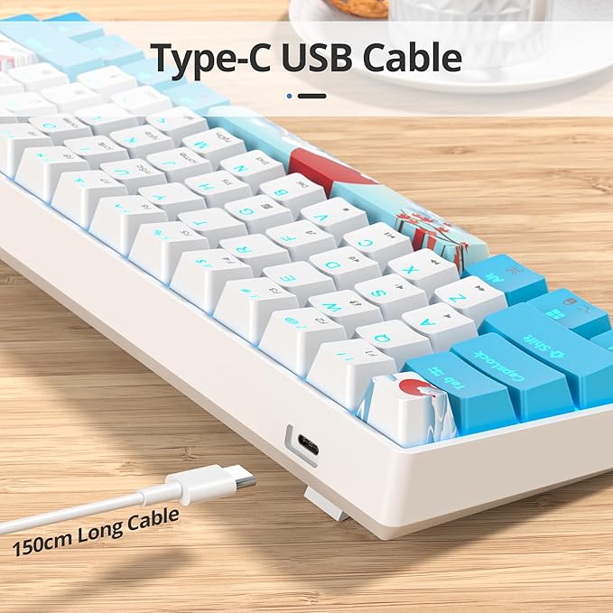 surmen 60% Wired Mechanical Gaming Keyboard Backlit Ultra-Compact Mini Office Keyboard with Red Switch for PC/Mac Gamer Typist (61 Blue White)