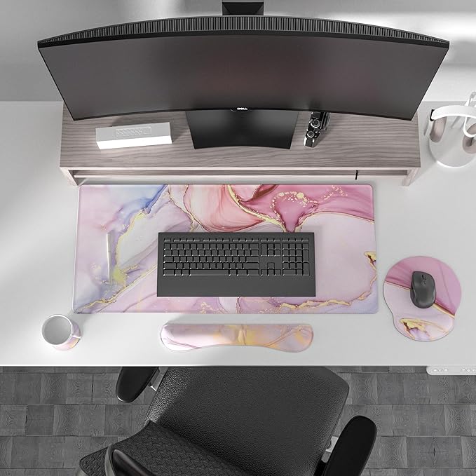 Ovenbird Mouse Pad Set 4-in-1 | Large Gaming Mousepad Keyboard Wrist Rest Mouse Wrist Support Coaster | Ergonomic Office Desk Mat Accessories for Women Men | 4PCS 35.4 x 15.7in Pink Marble