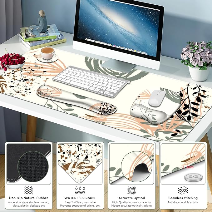 Large Mouse Pad with Wrist Support 4 in1 Set XXL Big Game Mousepad + Keyboard Wrist Rest+Mouse Wrist Rest+Coaster Ergonomic Gaming Mat for Home Office Table Computer I Modern Boho Leaves