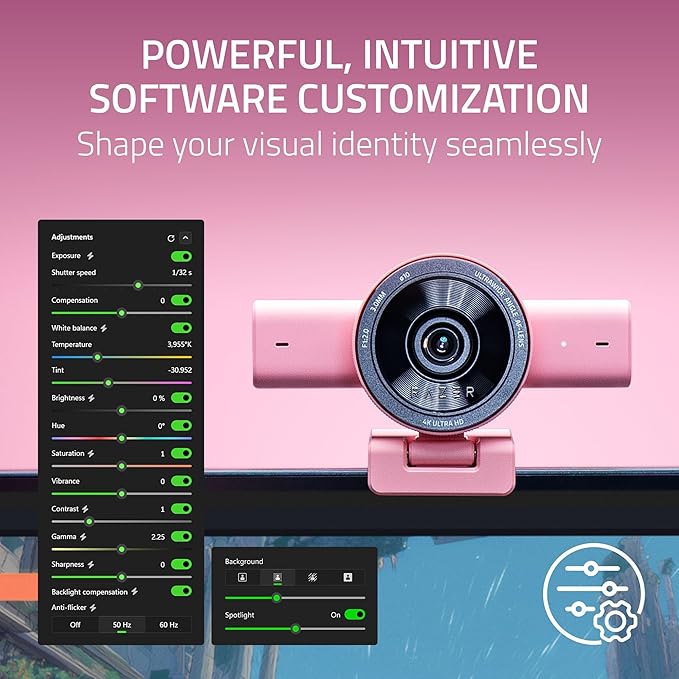 Razer Kiyo V2 Streaming Webcam: 4K 30 FPS 1080p 60 FPS - AI Powered Auto-Framing - Built-in Microphone - Ultrawide Angle Lens - Privacy Cover - Works with OBS Xsplit Discord Zoom Teams - Pink